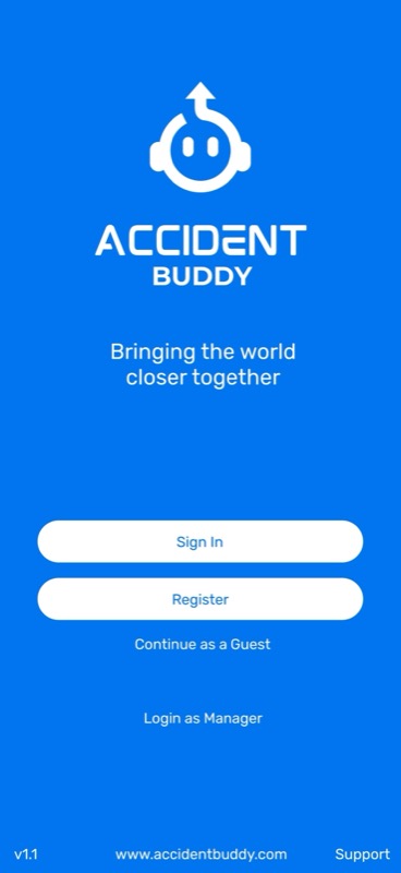 Accident Buddy welcome screen with sign in, register, and continue as guest