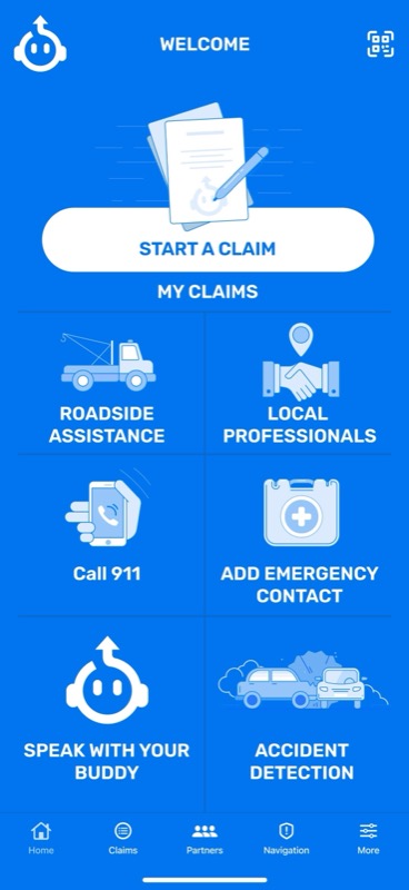 Home dashboard: start a claim, roadside assistance, local professionals, call 911, emergency contacts