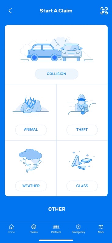 Start a Claim screen with incident types: collision, animal, theft, weather, glass