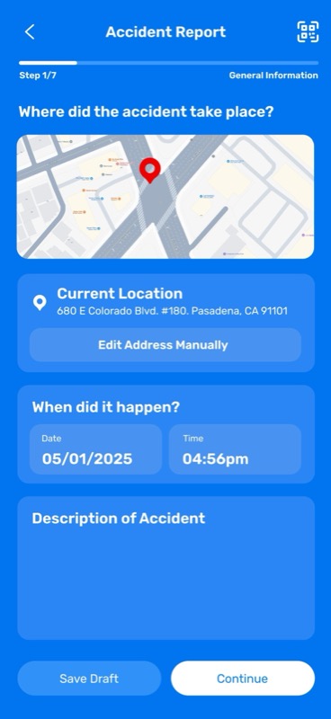 Accident Report screen: where did the accident take place, with map and current location