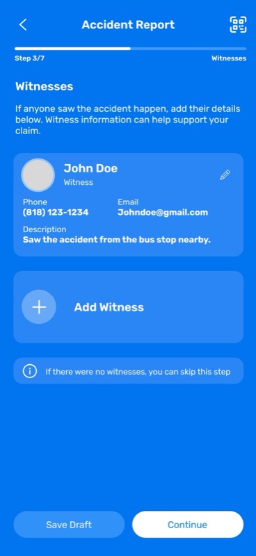 Witnesses screen: add witness names, phone and email, tagged to the incident