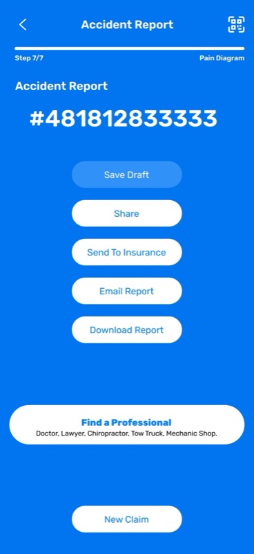 Completed report with claim number and Share, Send to Insurance, Email and Download options