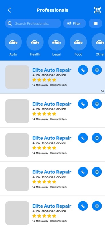 Professionals list: nearby auto repair and service providers with ratings, call and navigate buttons