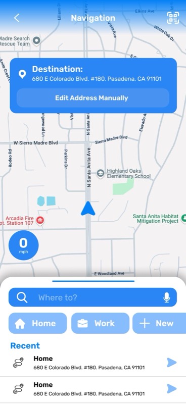 Navigation screen: directions to a nearby provider with destination and recent locations